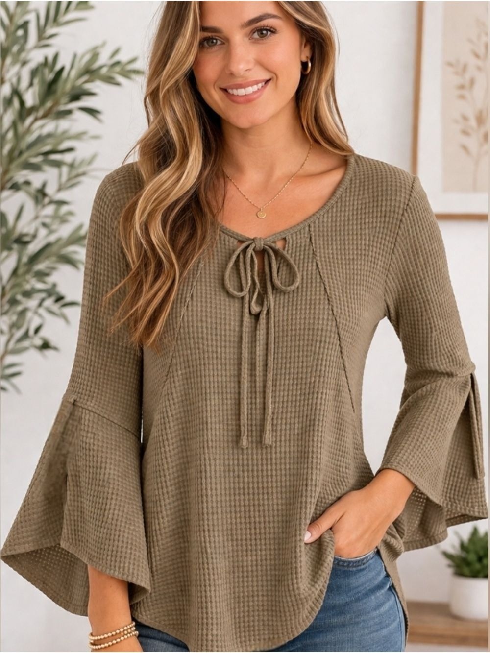Hummingbird Boho Taupe Thermal Waffle Knit Bell Sleeve Shirttail Top Size Small